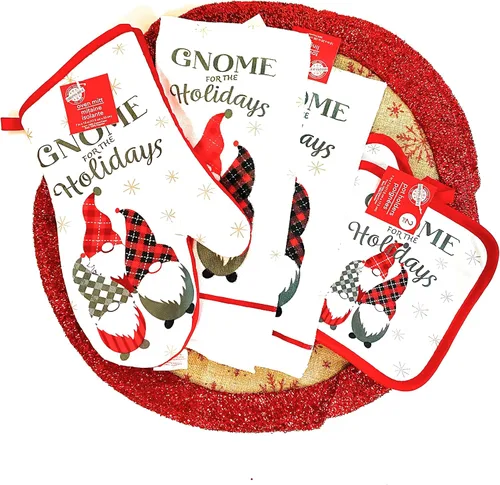 Vista 2 de Greenbrier Gnomos internacionales para las fiestas. Juego de cocina de Navidad de 5 piezas. 2 toallas de cocina, 2 soportes para ollas y 1 guante
