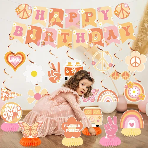 Vista 7 de 19 piezas de decoraciones de fiesta geniales incluyen pancarta bohemia de feliz cumpleaños, espirales colgantes hippie retro boho panal centros