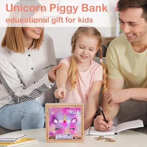 Vista 3 de Alcancía para niños, banco de monedas de madera para niños y niñas, dinosaurio unicornio alcancía con calcomanías de bricolaje para cumpleaños