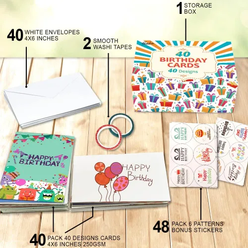 Vista 3 de feela Tarjetas de cumpleaños a granel, paquete de 40 diseños de 40 diseños, caja surtida de tarjetas de feliz cumpleaños con 40 sobres en blanco, 48