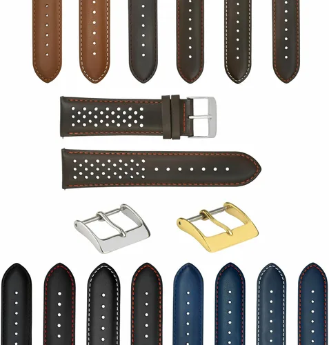 Vista 17 de Ewatchparts Correa de reloj de piel perforada de 18-19-20-21-22-0.906-0.945 in compatible con Rolex Quick Release Negro y dorado