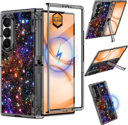 Vista 32 de Hekodonk Funda para Galaxy Z Fold 6, compatible con MagSafe, brilla en la oscuridad, protector de pantalla frontal, soporte, protección de bisagra