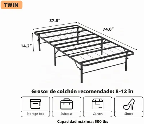 Vista 2 de Base de cama plegable de tamaño individual, base de cama de plataforma de metal negro, no necesita somier, base de cama de plataforma