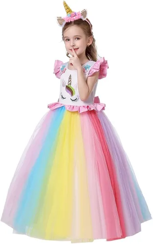 Vista 12 de Vestido de tul de unicornio arcoíris para niñas, vestido de princesa para cumpleaños, Halloween, Navidad, concurso de baile, fiesta de baile