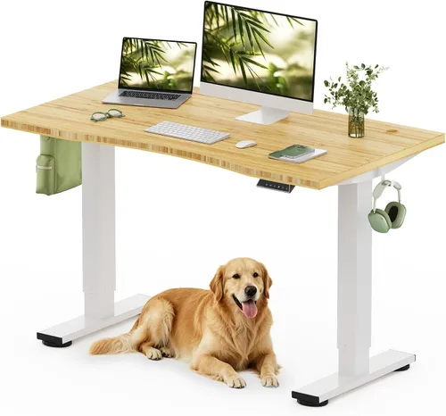 Vista 14 de FLEXISPOT Escritorio de pie de madera maciza, escritorio de madera real de una pieza, escritorio eléctrico de altura ajustable para oficina en casa