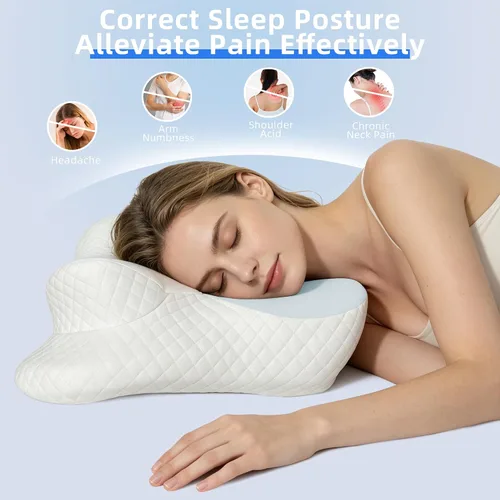 Vista 9 de Cervical Memory Foam Pillow, Ergonomic Contour Support for Neck Pain Relief Blue and White
