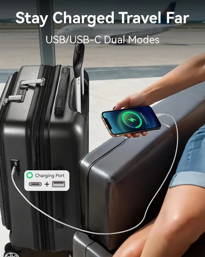 Vista 4 de LUGGEX Maleta de mano con bolsillo frontal, maleta rígida de policarbonato expandible con puerto USB, Negro -, Maleta de mano