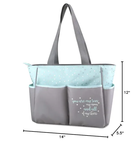 Vista 7 de Baby Essentials Juego de 5 bolsas para pañales con sol, luna y estrellas, bolsillo para toallitas, bolsa para pañales sucios, cambiador Gris/ agua