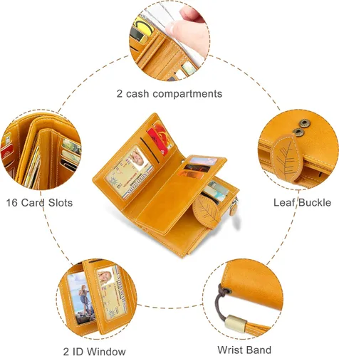 Vista 6 de CONISY Cartera pequeña para mujer, cartera compacta de cuero plegable con correa de muñeca con bloqueo RFID para mujer, Amarillo, Casual, clásico