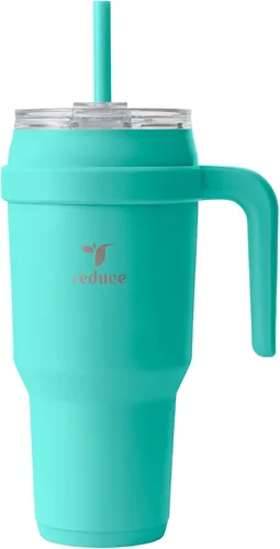 Vista 18 de REDUCE Vaso de acero inoxidable de 24 onzas con asa, con aislamiento al vacío de doble pared, tapa a prueba de sudor y popote reutilizable, mantiene
