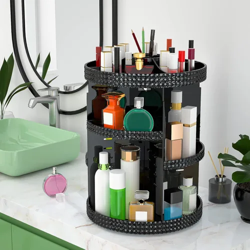 Vista 8 de Organizador de maquillaje negro con rotación de 360 grados, 7 niveles de gran capacidad, organizador de cosméticos acrílico, organizador