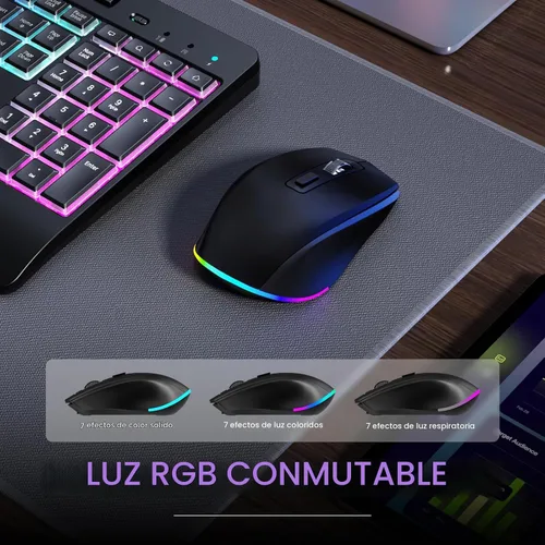 Vista 5 de Combo de teclado y mouse inalámbricos: teclado recargable VEILZOR 2.4G con soporte para teléfono, reposamuñecas ergonómico, 9 efectos