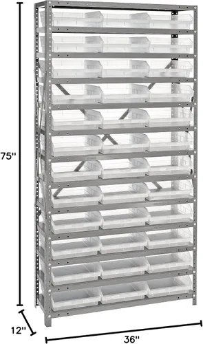 Vista 411 de Quantum QSBU-245BK Heavy Duty Shelving Unit with (7) Shelves and (24) QUS245 Black Bins for Garage Warehouse Storage Distribution 400 lb Load