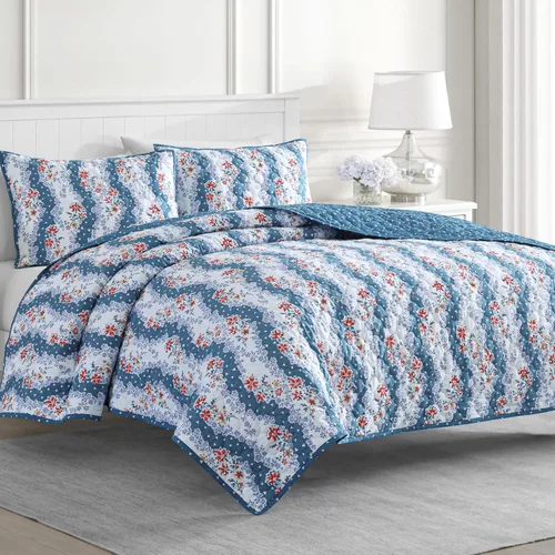 Vista 10 de MARTHA STEWART Naomi - Juego de edredón de 3 piezas, 100% algodón, reversible, fresco, tejido de percal suave, ligero, estampado, 1 edredón, 2
