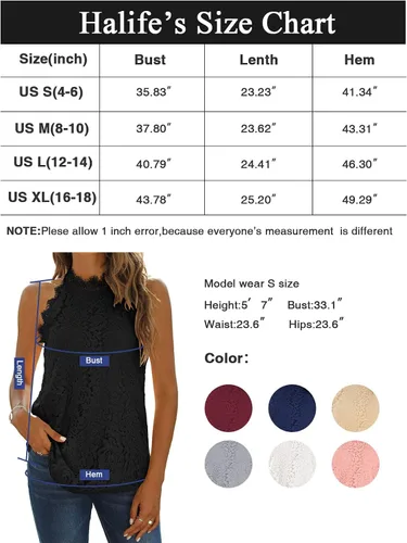 Vista 6 de Halife Blusa sin mangas de encaje de verano para mujer, cuello halter, casual, sin mangas, blusa elegante