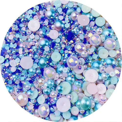 Vista 22 de Cuentas de resina con diamantes de imitación, mitad redonda, cuentas de perlas planas de 30 g, cuentas de media perla con diamantes de imitación