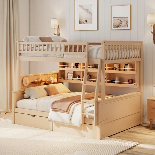 Vista 4 de SOFTSEA Full XL Over Queen Wooden Bunk Bed with Drawers and LED, Beige