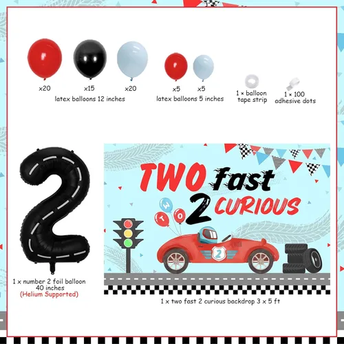 Vista 6 de Two Fast Two Curious - Decoraciones de cumpleaños para niño, decoración de segundo cumpleaños de coche de carreras, retro, rojo, negro, azul, arco