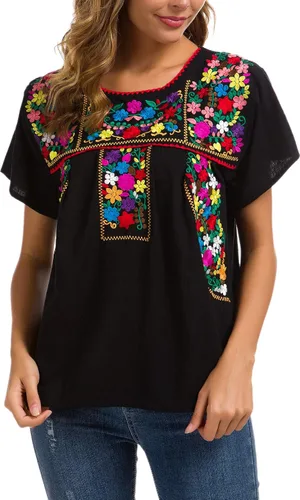 Vista 7 de YZXDORWJ - Cómoda blusa mexicana bordada de verano y sin mangas para mujer