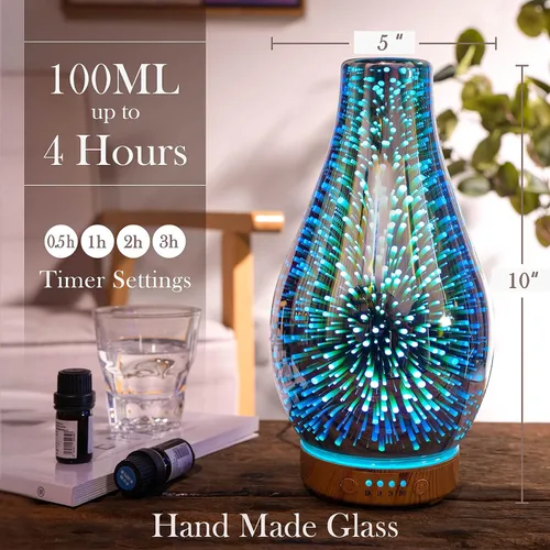 Vista 4 de Porseme Difusor de aceite esencial de volcán Aladdin de 3.4 fl oz + 3.4 fl oz de vidrio 3D aromaterapia humidificador ultrasónico niebla fría