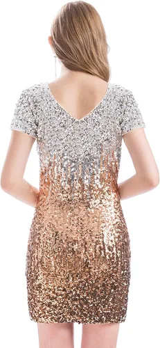 Vista 2 de MANER - Vestido de fiesta corto para mujer, diseño brillante con lentejuelas, cuello en V, manga corta, sexy y entallado