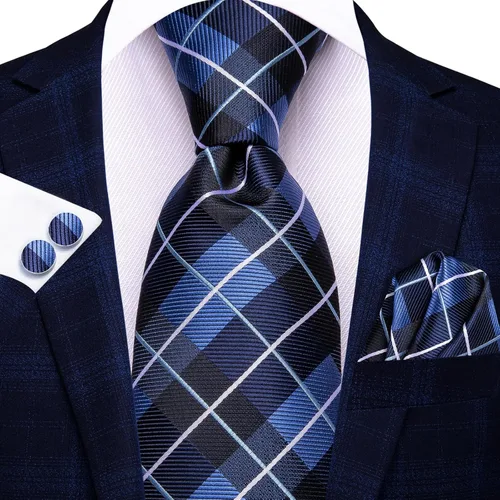 Vista 164 de Hi-Tie Corbata clásica de cachemira para hombre con pañuelo y gemelos a cuadros
