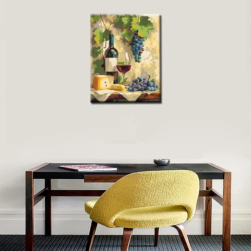 Vista 2 de Pintura por números para adultos principiantes, uva y vino, pintura al óleo sobre lienzo, 16 x 20 pulgadas, pigmento acrílico, acuarela, kits
