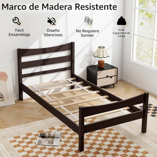 Vista 5 de Giantex - Marcos de cama individual de madera con cabecero, cama moderna con plataforma y soporte de listones de madera, espacio de almacenamiento