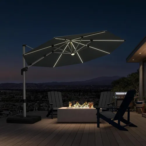 Vista 84 de PURPLE LEAF Sombrilla de patio de 9 x 12 pies con luces, sombrilla rectangular voladiza para exteriores, funciona con energía solar, LED