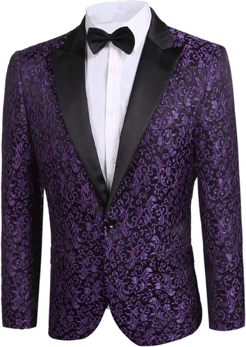 Vista 2 de JINIDU Chaqueta de traje de fiesta floral para hombre elegante para cena boda graduación esmoquin morado Púrpura