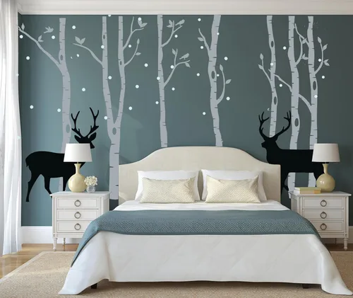 Vista 2 de Vinilo adhesivo de vinilo extraíble con diseño de ciervos y abedules para niños, decoración de habitación del bebé, habitación del bebé (gris)