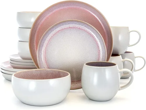Vista 2 de Elama Mocha Mauve - Vajilla de cerámica de 16 piezas, color morado Púrpura y Blanco