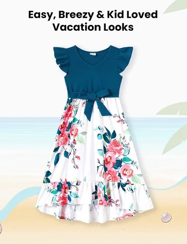 Vista 4 de PATPAT Conjuntos familiares a juego para verano, playa, vacaciones tropicales, manga con volantes, vestidos y camisetas para mamá y yo