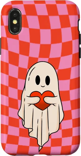 Vista 5 de Funda para iPhone 17 de San Valentín Retro Ghost Hugging Heart Checkerboard Rosa Rojo