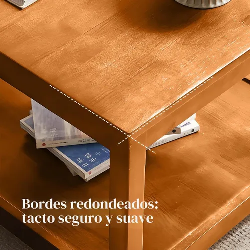 Vista 7 de Mesa auxiliar, mesa auxiliar cuadrada de madera maciza con estante de almacenamiento, mesa auxiliar de 2 niveles para sala de estar, mesa de sofá