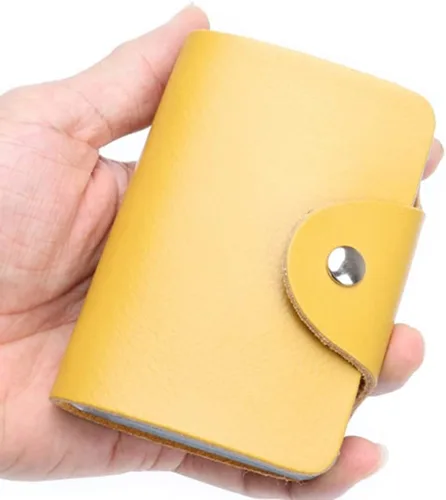 Vista 2 de YaJaMa Cartera para tarjetas de crédito, pequeña, de piel auténtica, 26 ranuras, para tarjetas, organizador para mujeres y hombres, Amarillo