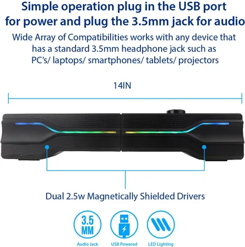 Vista 9 de Altavoz estéreo 2 en 1 de la barra de sonido alimentada por USB de escritorio, luz LED RGB