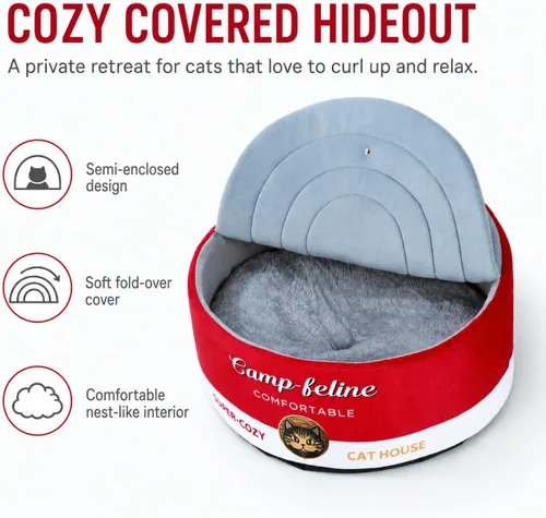 Vista 2 de PECHVINO Cama para gatos en forma de lata con funda de privacidad, cómodo cojín para gatos y perros pequeños
