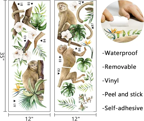 Vista 2 de Mfault Pegatinas de pared de árbol trepador de mono, animales de la selva