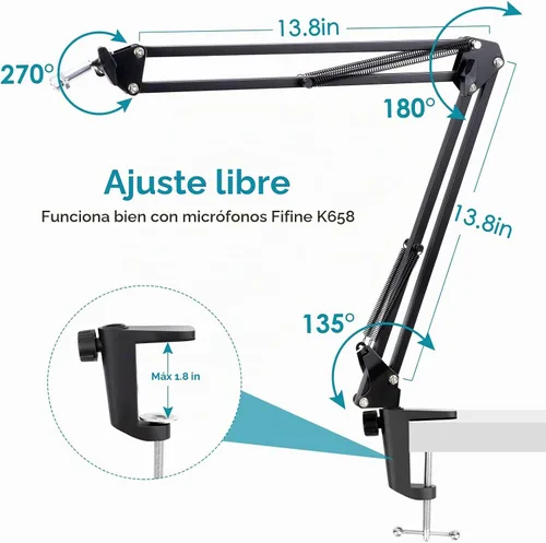 Vista 5 de Brazo de micrófono con gestión de cables – Soporte de micrófono de tijera ajustable compatible con Fifine K669B/K670/K683A/K658/K688, AmpliGame