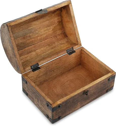 Vista 7 de Ajuny Cofre del tesoro de madera Joyero pirata, baúl de recuerdo antiguo, soporte decorativo de madera para baratijas, pequeño organizador