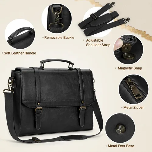 Vista 5 de Bolso de mensajero IGOLUMON para hombres de 15.6 pulgadas, bolso de cuero vintage impermeable para computadora, maletín para hombres, bolso grande