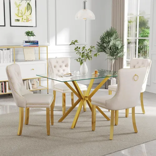 Vista 35 de Juego de comedor moderno de cristal de lujo de 5 piezas, juego de comedor rectangular minimalista para 4, juego de mesa de cocina de vidrio