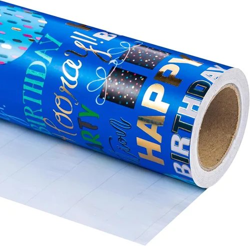 Vista 2 de WRAPAHOLIC Papel de regalo para cumpleaños - Rollo mini - 17 pulgadas x 16.5 pies - Papel de regalo azul dorado con foil brillante de feliz Azul