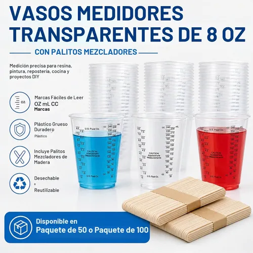Vista 2 de Taeku Vasos medidores de plástico con varillas de mezcla, taza transparente