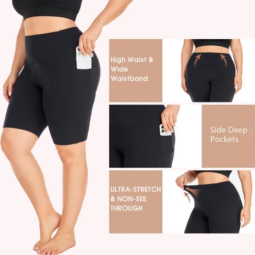 Vista 2 de Hi Clasmix Paquete de 3 pantalones cortos de ciclismo de talla grande para mujer (1X-4X), cintura alta, no se transparentan, pantalones cortos