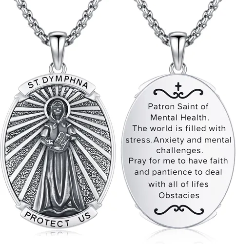 Vista 37 de Collar con colgante de amuleto de medalla de San de plata 10A-St Michael Oval