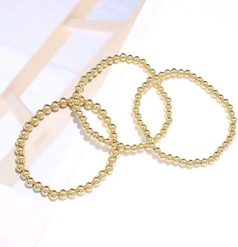 Vista 6 de ARATLENCH Pulsera de cuentas de oro para mujer, chapada en oro de 14 quilates, pulsera de cuentas de bola de cuerda elástica, pulsera de la amistad