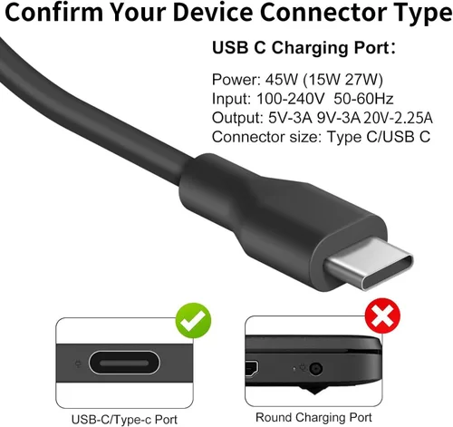Vista 2 de Cargador de portátil USB C de 45 W para Acer Chromebook R13 11 13 15 311 315 CP311 CP713 C933 CB5-312T R751T SF713 SP714 N17Q5 N17P6 N16Q10 N16Q14