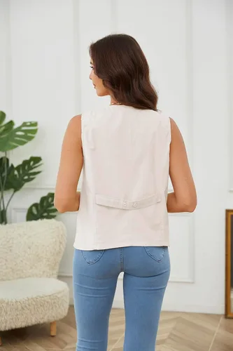Vista 5 de HAOZHIYU Women's Sleeveless Cotton Linen Vest Fashion Casual V Neck Waistcoat lightweight Tops